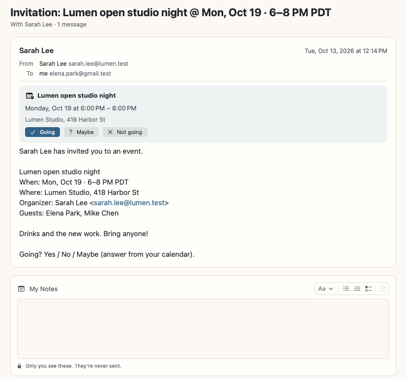 A conversation in Parcetta for Mac: an invitation card with Going, Maybe and Not going, the email, and My Notes below it.